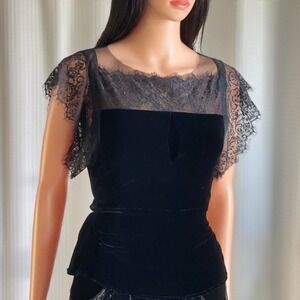NWT Vintage Y2K‎ Binetti Paris Black Velvet Lace Trim Silk Top Blouse Size 2